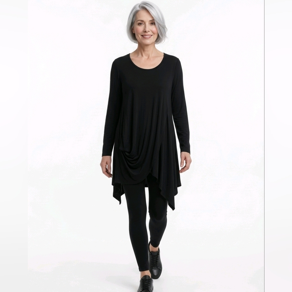 Stella Carakasi Black Asymmetric Tunic Top XL Lagenlook Long Sleeve EUC